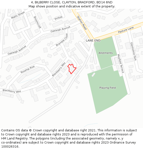 4, BILBERRY CLOSE, CLAYTON, BRADFORD, BD14 6ND: Location map and indicative extent of plot