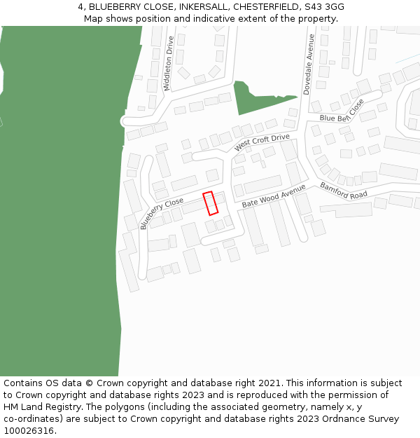 4, BLUEBERRY CLOSE, INKERSALL, CHESTERFIELD, S43 3GG: Location map and indicative extent of plot