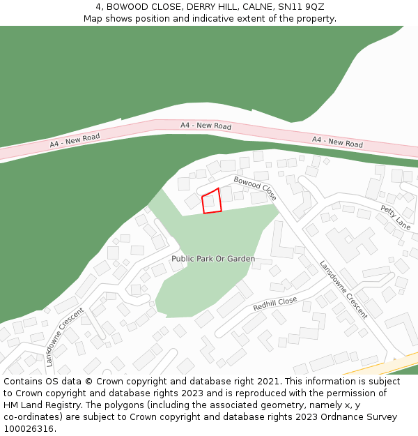 4, BOWOOD CLOSE, DERRY HILL, CALNE, SN11 9QZ: Location map and indicative extent of plot