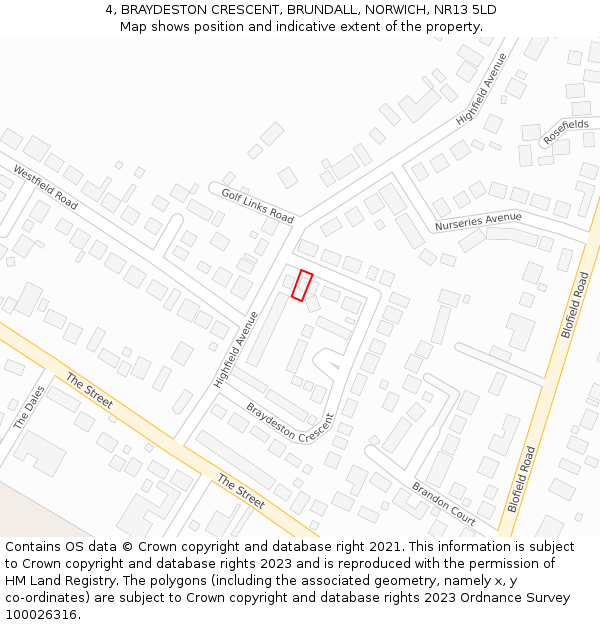 4, BRAYDESTON CRESCENT, BRUNDALL, NORWICH, NR13 5LD: Location map and indicative extent of plot