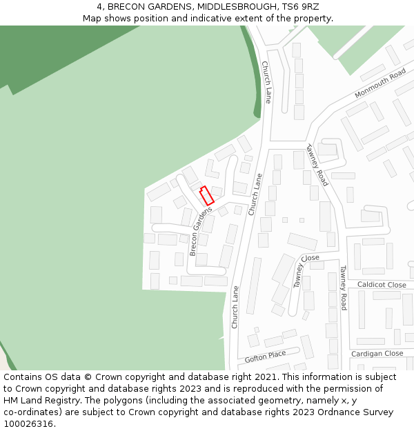 4, BRECON GARDENS, MIDDLESBROUGH, TS6 9RZ: Location map and indicative extent of plot