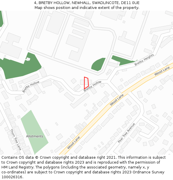 4, BRETBY HOLLOW, NEWHALL, SWADLINCOTE, DE11 0UE: Location map and indicative extent of plot