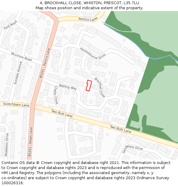 4, BROCKHALL CLOSE, WHISTON, PRESCOT, L35 7LU: Location map and indicative extent of plot