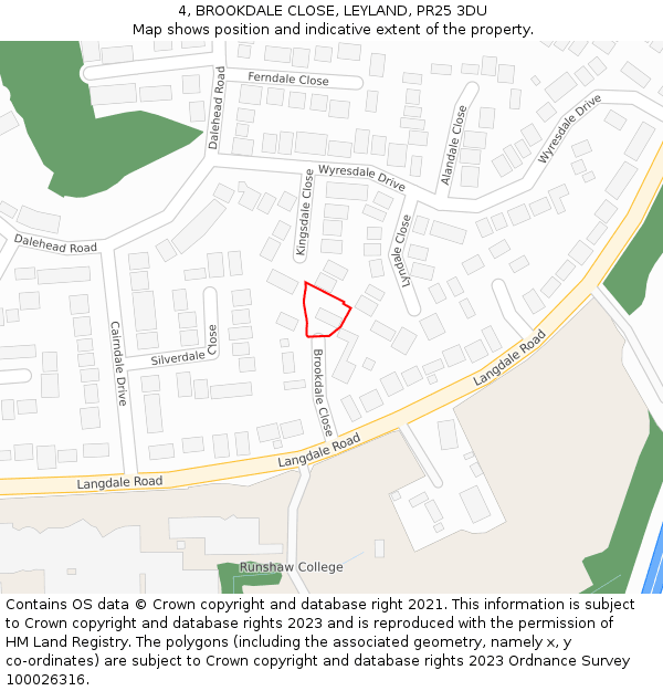 4, BROOKDALE CLOSE, LEYLAND, PR25 3DU: Location map and indicative extent of plot