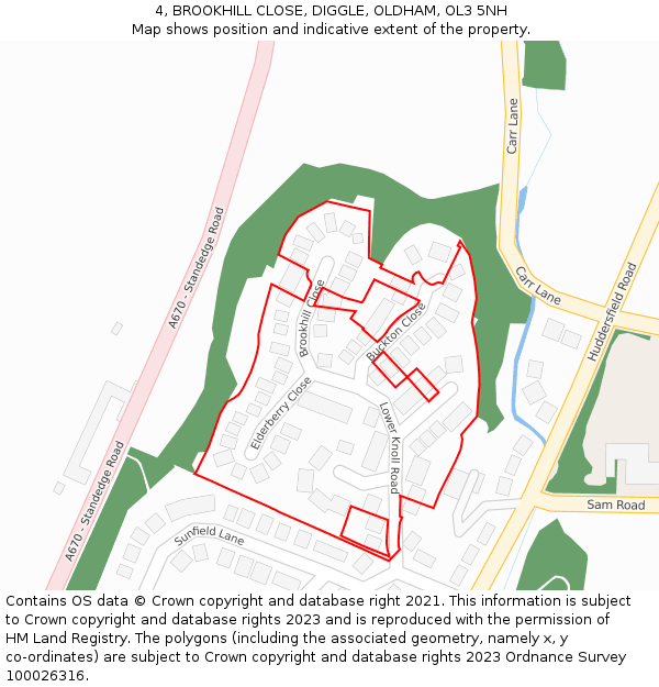 4, BROOKHILL CLOSE, DIGGLE, OLDHAM, OL3 5NH: Location map and indicative extent of plot