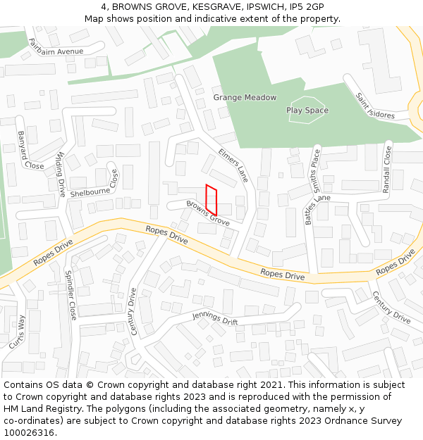 4, BROWNS GROVE, KESGRAVE, IPSWICH, IP5 2GP: Location map and indicative extent of plot