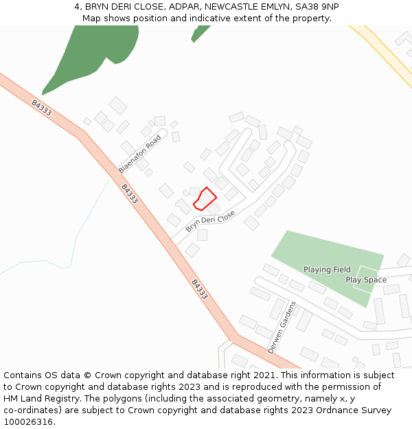 4, BRYN DERI CLOSE, ADPAR, NEWCASTLE EMLYN, SA38 9NP: Location map and indicative extent of plot