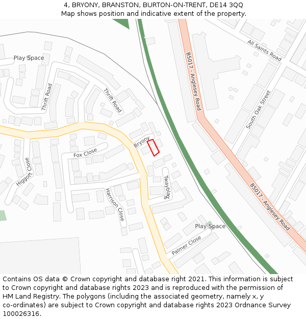 4, BRYONY, BRANSTON, BURTON-ON-TRENT, DE14 3QQ: Location map and indicative extent of plot