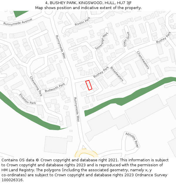 4, BUSHEY PARK, KINGSWOOD, HULL, HU7 3JF: Location map and indicative extent of plot