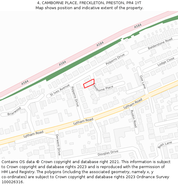 4, CAMBORNE PLACE, FRECKLETON, PRESTON, PR4 1YT: Location map and indicative extent of plot