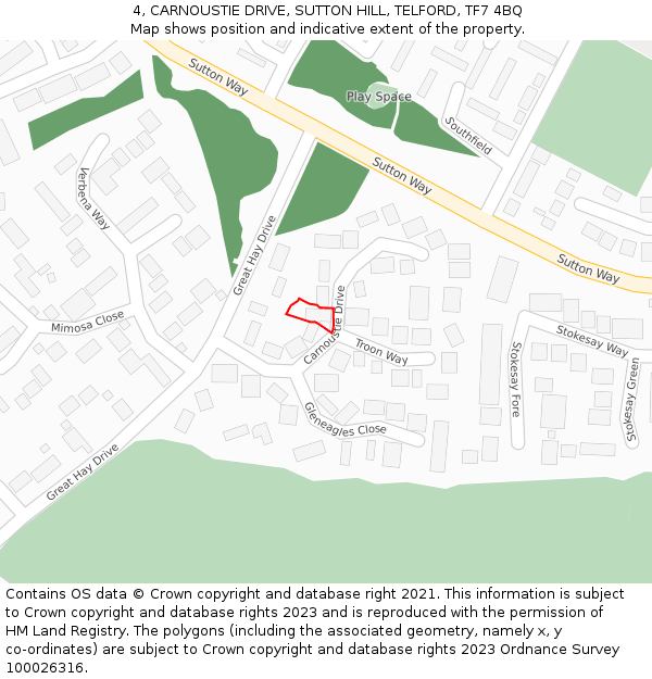 4, CARNOUSTIE DRIVE, SUTTON HILL, TELFORD, TF7 4BQ: Location map and indicative extent of plot