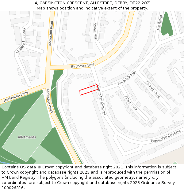 4, CARSINGTON CRESCENT, ALLESTREE, DERBY, DE22 2QZ: Location map and indicative extent of plot