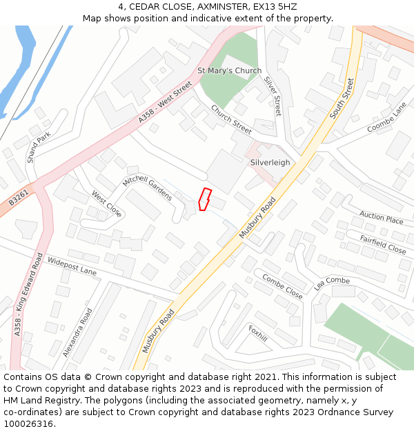 4, CEDAR CLOSE, AXMINSTER, EX13 5HZ: Location map and indicative extent of plot