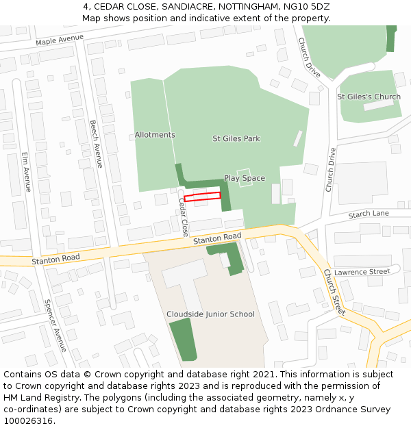 4, CEDAR CLOSE, SANDIACRE, NOTTINGHAM, NG10 5DZ: Location map and indicative extent of plot