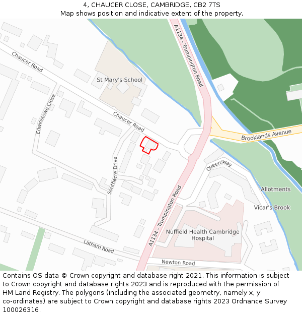 4, CHAUCER CLOSE, CAMBRIDGE, CB2 7TS: Location map and indicative extent of plot