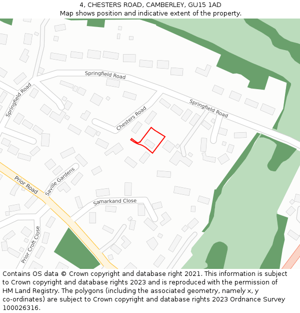 4, CHESTERS ROAD, CAMBERLEY, GU15 1AD: Location map and indicative extent of plot