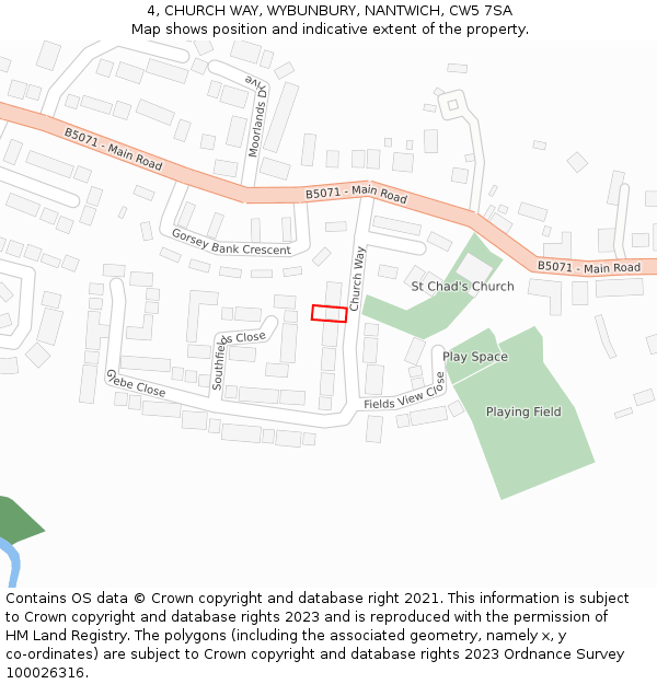 4, CHURCH WAY, WYBUNBURY, NANTWICH, CW5 7SA: Location map and indicative extent of plot