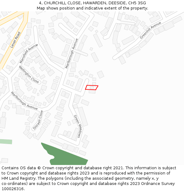 4, CHURCHILL CLOSE, HAWARDEN, DEESIDE, CH5 3SG: Location map and indicative extent of plot