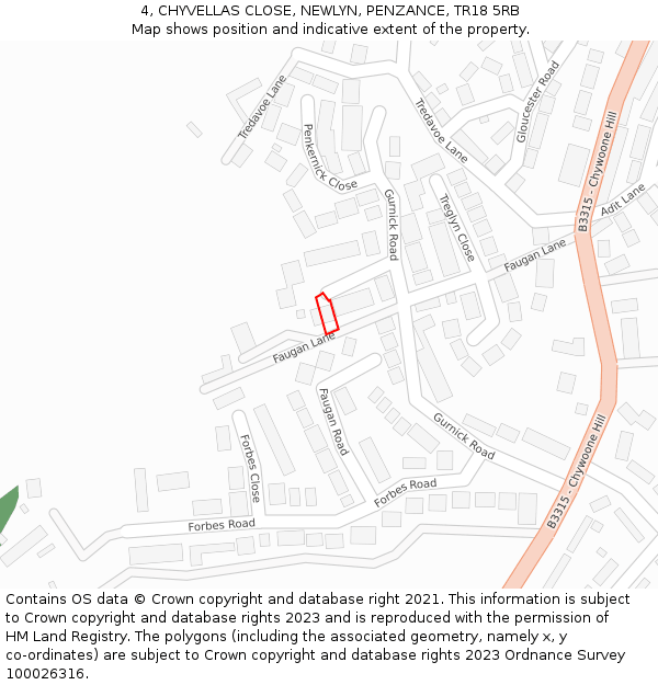 4, CHYVELLAS CLOSE, NEWLYN, PENZANCE, TR18 5RB: Location map and indicative extent of plot