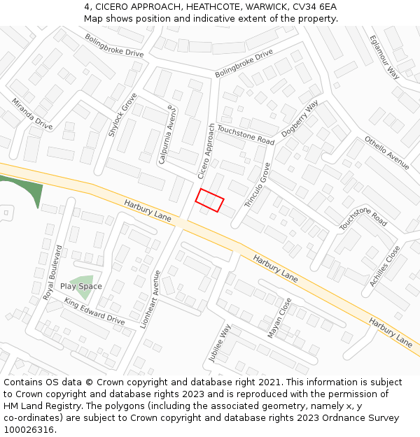 4, CICERO APPROACH, HEATHCOTE, WARWICK, CV34 6EA: Location map and indicative extent of plot