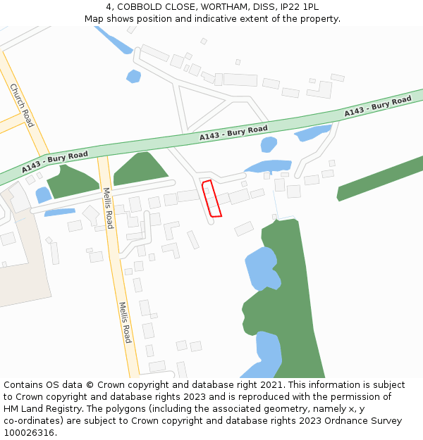 4, COBBOLD CLOSE, WORTHAM, DISS, IP22 1PL: Location map and indicative extent of plot