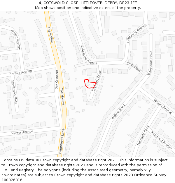 4, COTSWOLD CLOSE, LITTLEOVER, DERBY, DE23 1FE: Location map and indicative extent of plot