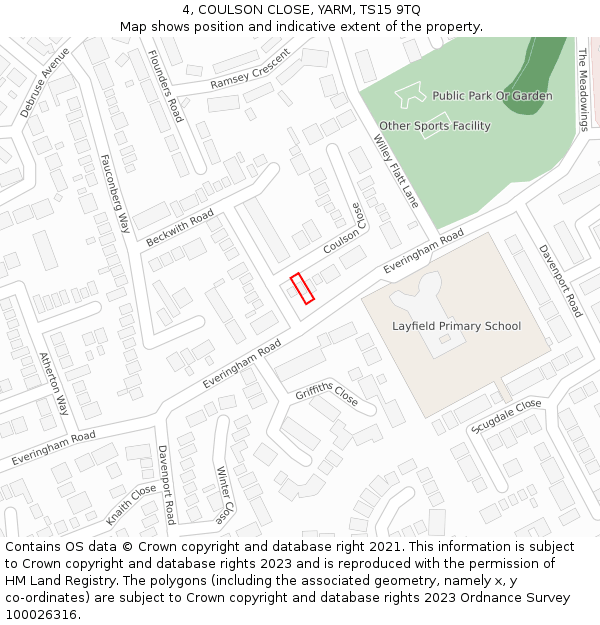 4, COULSON CLOSE, YARM, TS15 9TQ: Location map and indicative extent of plot