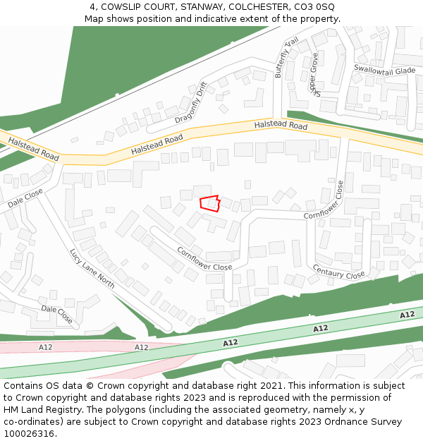 4, COWSLIP COURT, STANWAY, COLCHESTER, CO3 0SQ: Location map and indicative extent of plot