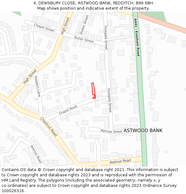 4, DEWSBURY CLOSE, ASTWOOD BANK, REDDITCH, B96 6BH: Location map and indicative extent of plot