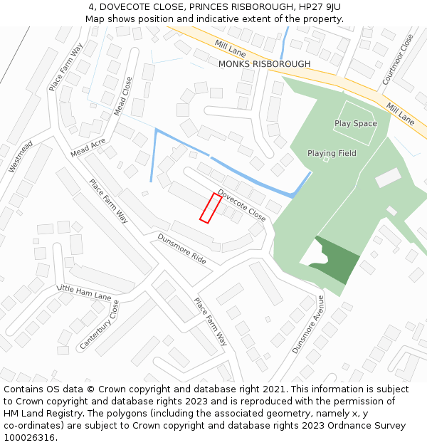 4, DOVECOTE CLOSE, PRINCES RISBOROUGH, HP27 9JU: Location map and indicative extent of plot