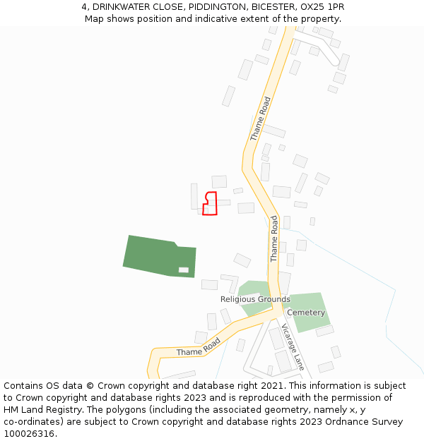 4, DRINKWATER CLOSE, PIDDINGTON, BICESTER, OX25 1PR: Location map and indicative extent of plot