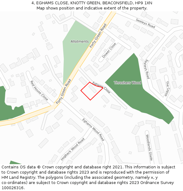 4, EGHAMS CLOSE, KNOTTY GREEN, BEACONSFIELD, HP9 1XN: Location map and indicative extent of plot