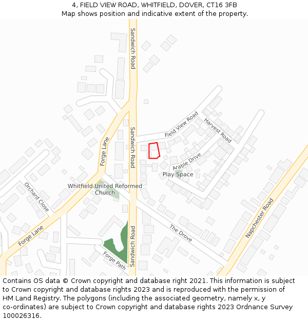 4, FIELD VIEW ROAD, WHITFIELD, DOVER, CT16 3FB: Location map and indicative extent of plot