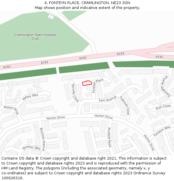 4, FONTEYN PLACE, CRAMLINGTON, NE23 3GN: Location map and indicative extent of plot