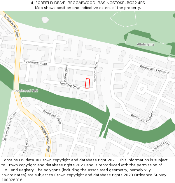 4, FORFIELD DRIVE, BEGGARWOOD, BASINGSTOKE, RG22 4FS: Location map and indicative extent of plot