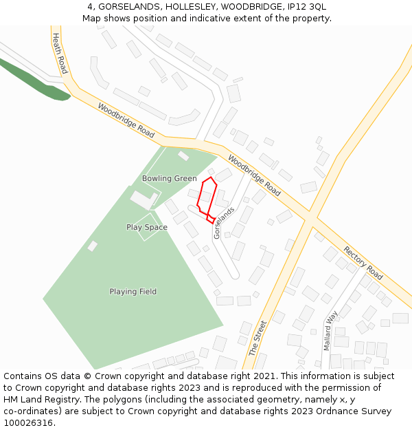 4, GORSELANDS, HOLLESLEY, WOODBRIDGE, IP12 3QL: Location map and indicative extent of plot