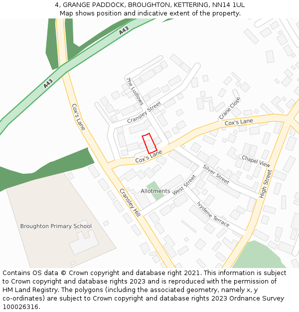 4, GRANGE PADDOCK, BROUGHTON, KETTERING, NN14 1UL: Location map and indicative extent of plot