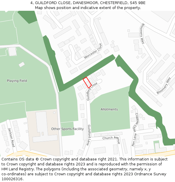 4, GUILDFORD CLOSE, DANESMOOR, CHESTERFIELD, S45 9BE: Location map and indicative extent of plot