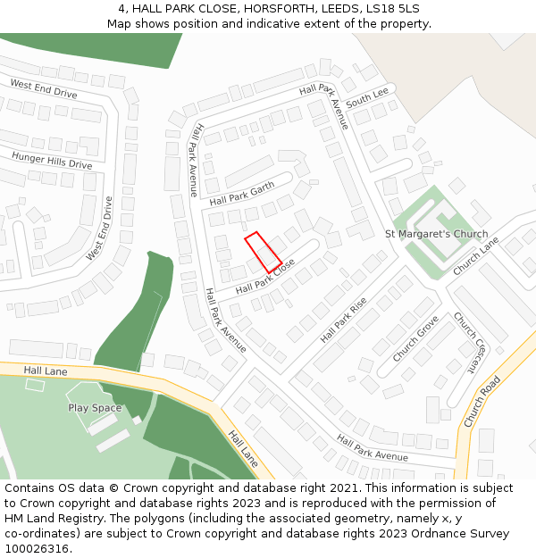 4, HALL PARK CLOSE, HORSFORTH, LEEDS, LS18 5LS: Location map and indicative extent of plot