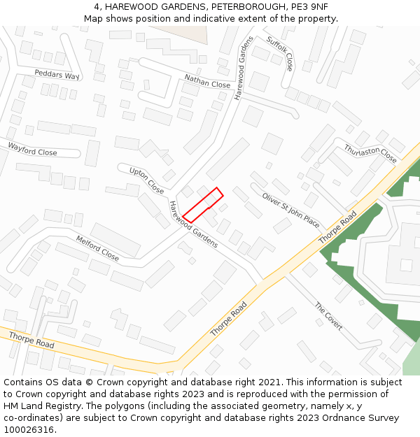 4, HAREWOOD GARDENS, PETERBOROUGH, PE3 9NF: Location map and indicative extent of plot