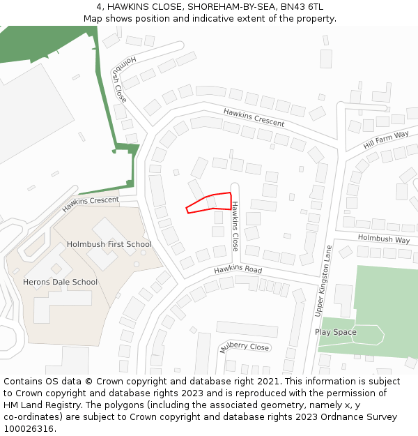 4, HAWKINS CLOSE, SHOREHAM-BY-SEA, BN43 6TL: Location map and indicative extent of plot