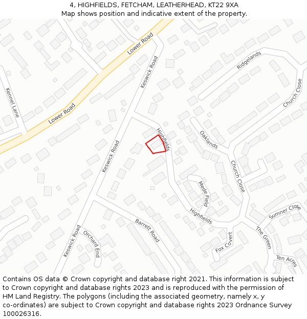 4, HIGHFIELDS, FETCHAM, LEATHERHEAD, KT22 9XA: Location map and indicative extent of plot