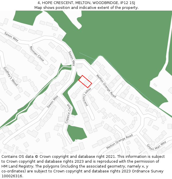 4, HOPE CRESCENT, MELTON, WOODBRIDGE, IP12 1SJ: Location map and indicative extent of plot