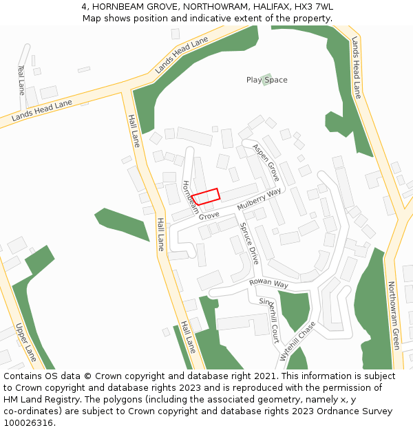 4, HORNBEAM GROVE, NORTHOWRAM, HALIFAX, HX3 7WL: Location map and indicative extent of plot