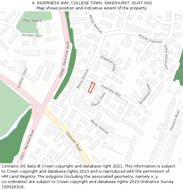 4, INVERNESS WAY, COLLEGE TOWN, SANDHURST, GU47 0XG: Location map and indicative extent of plot