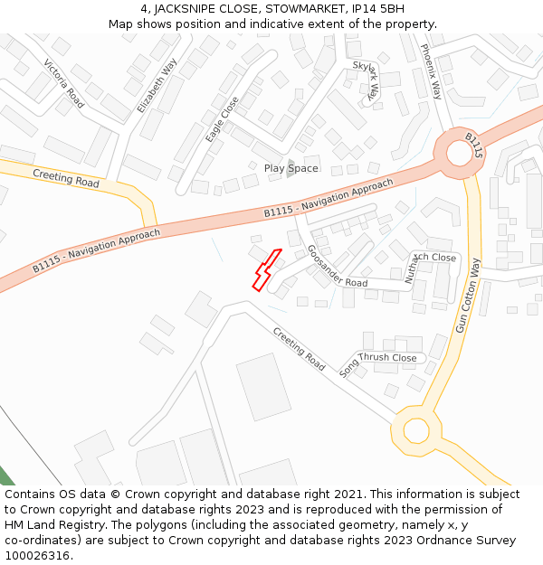 4, JACKSNIPE CLOSE, STOWMARKET, IP14 5BH: Location map and indicative extent of plot