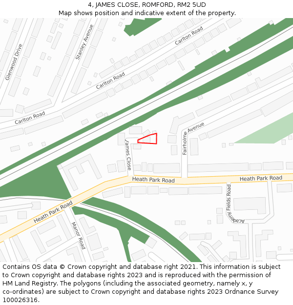 4, JAMES CLOSE, ROMFORD, RM2 5UD: Location map and indicative extent of plot