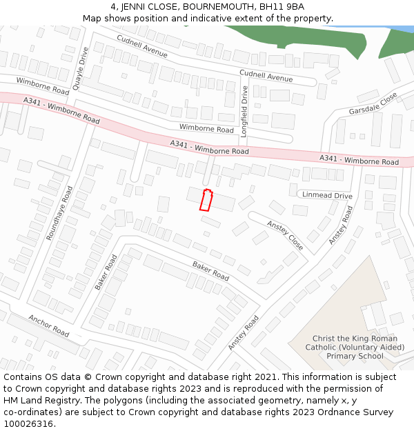 4, JENNI CLOSE, BOURNEMOUTH, BH11 9BA: Location map and indicative extent of plot