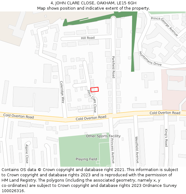 4, JOHN CLARE CLOSE, OAKHAM, LE15 6GH: Location map and indicative extent of plot