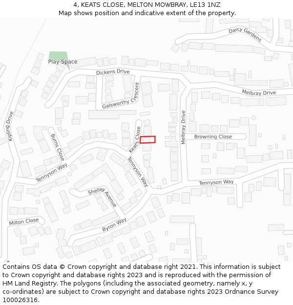 4, KEATS CLOSE, MELTON MOWBRAY, LE13 1NZ: Location map and indicative extent of plot